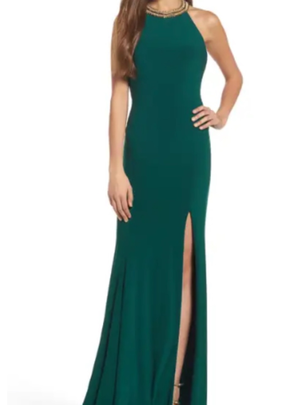 Mac Duggal Deep Emerald Halter Evening Gown with Gold Beaded Collar